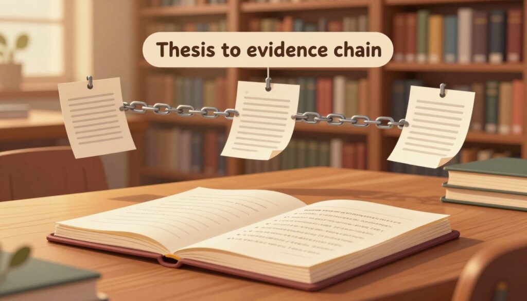 A conceptual illustration of a "thesis to evidence chain," with a visually engaging design. In the foreground, an open notebook rests on a wooden desk, featuring neatly written thesis statements and bulleted evidence points. In the middle ground, a stylized chain links these elements together, symbolizing connection and flow, possibly with articles or research papers hanging from the links. The background displays a softly lit library filled with bookshelves and warm lighting, creating an academic atmosphere. A focus on warm and inviting tones enhances the sense of scholarly pursuit. The composition is viewed from a slight angle, creating depth. The overarching mood is inspiring and motivating, ideal for conveying the importance of linking arguments to evidence in writing. A conceptual illustration of a "thesis to evidence chain," with a visually engaging design. In the foreground, an open notebook rests on a wooden desk, featuring neatly written thesis statements and bulleted evidence points. In the middle ground, a stylized chain links these elements together, symbolizing connection and flow, possibly with articles or research papers hanging from the links. The background displays a softly lit library filled with bookshelves and warm lighting, creating an academic atmosphere. A focus on warm and inviting tones enhances the sense of scholarly pursuit. The composition is viewed from a slight angle, creating depth. The overarching mood is inspiring and motivating, ideal for conveying the importance of linking arguments to evidence in writing.