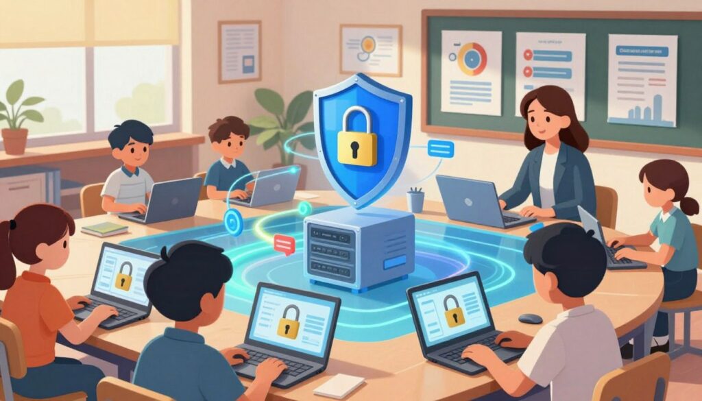 A conceptual illustration of data privacy in an educational setting, featuring a secure classroom environment. In the foreground, a teacher monitors students using laptops adorned with padlocks, symbolizing data security. The middle layer includes a digital representation of data flow, visualized as colorful, flowing lines connecting the laptops to a shielded server, emphasizing compliance with FERPA and COPPA regulations. The background depicts a modern classroom with charts on the walls highlighting data protection concepts, all bathed in soft, ambient lighting to create a focused atmosphere. Use a slightly elevated angle to capture the interplay of technology and learning, conveying a sense of safety and regulation in the use of AI in classrooms.