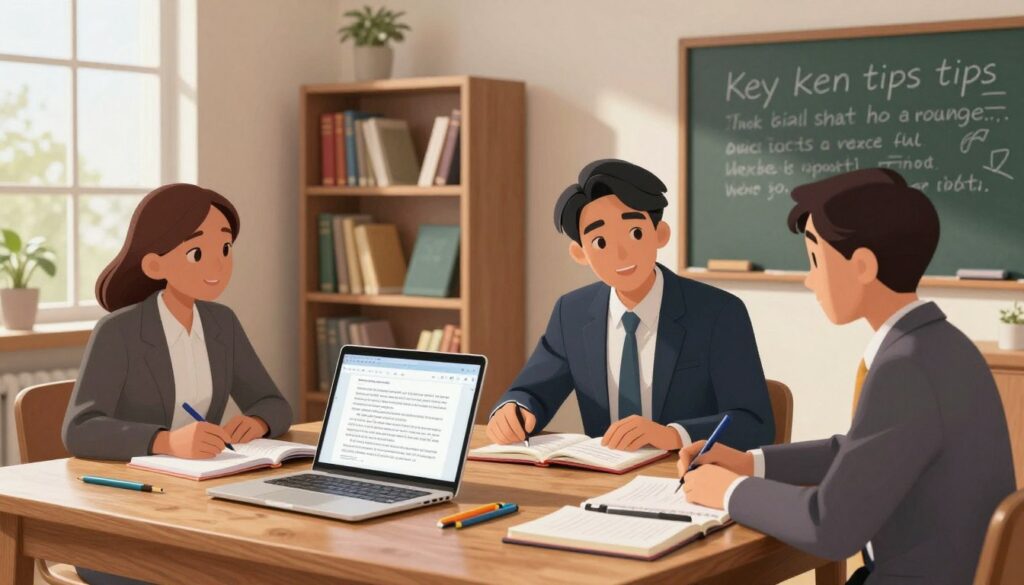 A cozy and inviting study room filled with natural light filtering through large windows. In the foreground, a polished wooden desk is cluttered with open notebooks, colorful pens, and a laptop displaying a research document. A diverse group of three people, professionally dressed in business attire, are engaged in a discussion; one is pointing to a page in a notebook while the others take notes. In the middle ground, a bookshelf lined with academic books and essays adds an element of knowledge. The background features a chalkboard with neatly written key writing tips visible. The mood is collaborative and inspirational, invoking a sense of focus and productivity, illuminated by warm, soft lighting. The image captures the essence of expert essay writing tips in action.