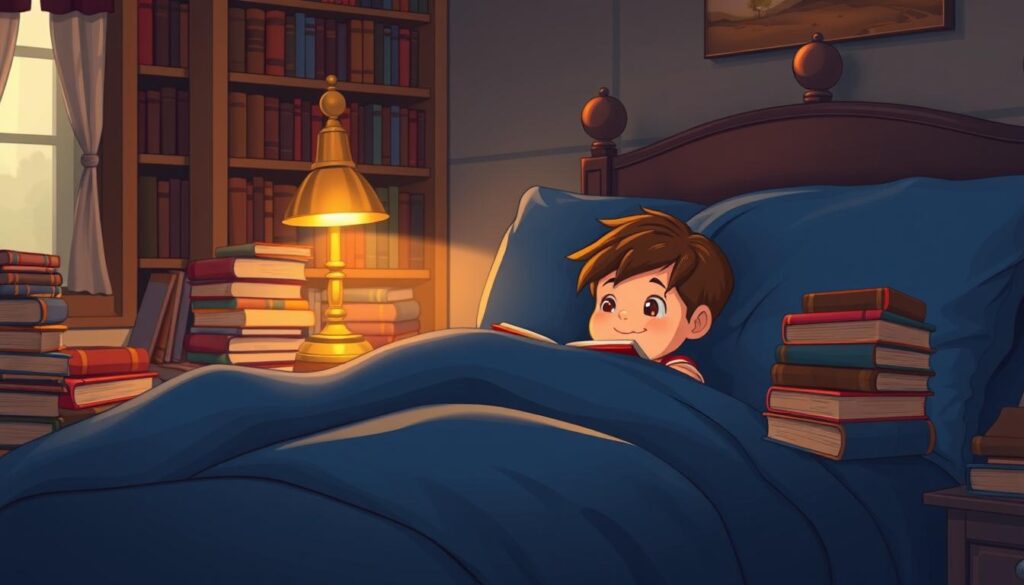 A cozy bedroom scene with a child tucked into a plush, navy blue bedspread, surrounded by stacks of vintage-styled hardcover books. Warm, soft lighting emanates from a brass table lamp, casting a golden glow over the scene. In the background, a bookshelf overflows with classic children's literature, hinting at the endless possibilities for imaginative journeys. The atmosphere is one of tranquility and wonder, inviting the viewer to picture themselves lost in the pages of a captivating bedtime story.