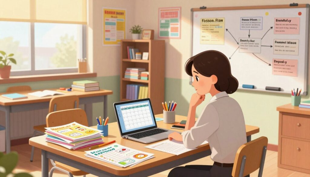 A cozy classroom setting focused on batching lesson plans. In the foreground, a professionally dressed teacher, deep in thought, sits at a cluttered desk filled with colorful lesson plan sheets and a laptop displaying a calendar. The middle ground features bright posters and organized shelves with teaching materials, while a whiteboard displays a mind map of weekly topics. Sunlight streams through large windows, casting warm, inviting light that enhances the organized chaos of the workspace. The mood conveys productivity and creativity, emphasizing efficiency in lesson planning, with a clear sense of purpose and focus. Use a slightly elevated angle to capture the full scene, showcasing both the teacher's concentration and the vibrant details of the classroom. A cozy classroom setting focused on batching lesson plans. In the foreground, a professionally dressed teacher, deep in thought, sits at a cluttered desk filled with colorful lesson plan sheets and a laptop displaying a calendar. The middle ground features bright posters and organized shelves with teaching materials, while a whiteboard displays a mind map of weekly topics. Sunlight streams through large windows, casting warm, inviting light that enhances the organized chaos of the workspace. The mood conveys productivity and creativity, emphasizing efficiency in lesson planning, with a clear sense of purpose and focus. Use a slightly elevated angle to capture the full scene, showcasing both the teacher's concentration and the vibrant details of the classroom.
