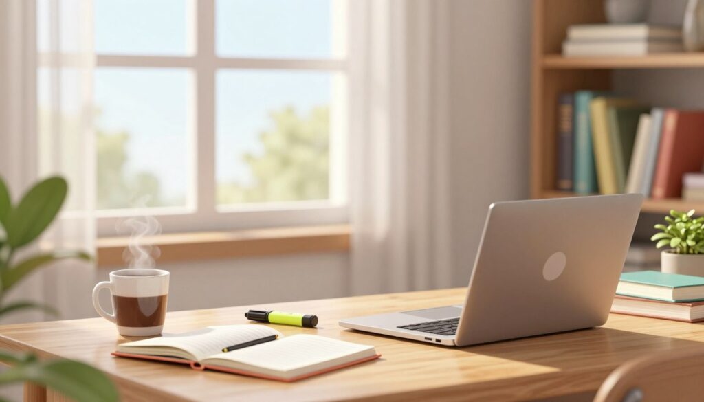 A cozy, focused study space for a "Minimum Viable Study Session." In the foreground, a wooden desk cluttered with essential study materials: an open notebook, a laptop, and a highlighter. A steaming cup of coffee sits nearby, exuding warmth. In the middle, a window reveals a soft, bright daylight filtering through sheer curtains, creating a serene atmosphere. In the background, a bookshelf filled with neatly organized books and a green plant adds a touch of life. The mood is calm and productive, emphasizing focus amidst a busy day. Capture this scene with a soft-focus lens, highlighting the details of the study materials, enhancing the inviting, efficient environment. The composition should convey motivation and clarity, without any human subjects present. A cozy, focused study space for a "Minimum Viable Study Session." In the foreground, a wooden desk cluttered with essential study materials: an open notebook, a laptop, and a highlighter. A steaming cup of coffee sits nearby, exuding warmth. In the middle, a window reveals a soft, bright daylight filtering through sheer curtains, creating a serene atmosphere. In the background, a bookshelf filled with neatly organized books and a green plant adds a touch of life. The mood is calm and productive, emphasizing focus amidst a busy day. Capture this scene with a soft-focus lens, highlighting the details of the study materials, enhancing the inviting, efficient environment. The composition should convey motivation and clarity, without any human subjects present.