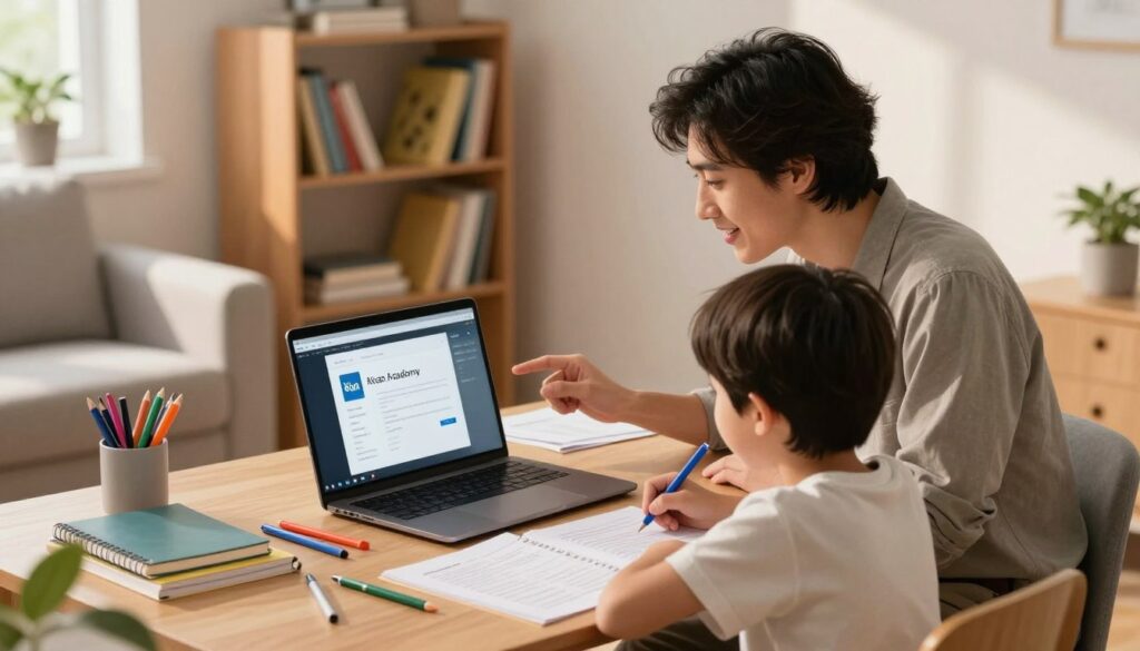 A cozy home study environment focused on remote learning, featuring a parent helping a child with homework. In the foreground, a parent in smart casual attire attentively guides a child, who is seated at a desk with a laptop open to Khan Academy's interface. The middle layer showcases educational materials like notebooks, colorful pens, and printed worksheets scattered around the desk, conveying an atmosphere of active learning. In the background, a bookshelf filled with educational books and a soft armchair adds warmth to the scene. Soft, natural lighting filters through a window, casting gentle shadows and creating an inviting ambiance that emphasizes the supportive learning experience at home.