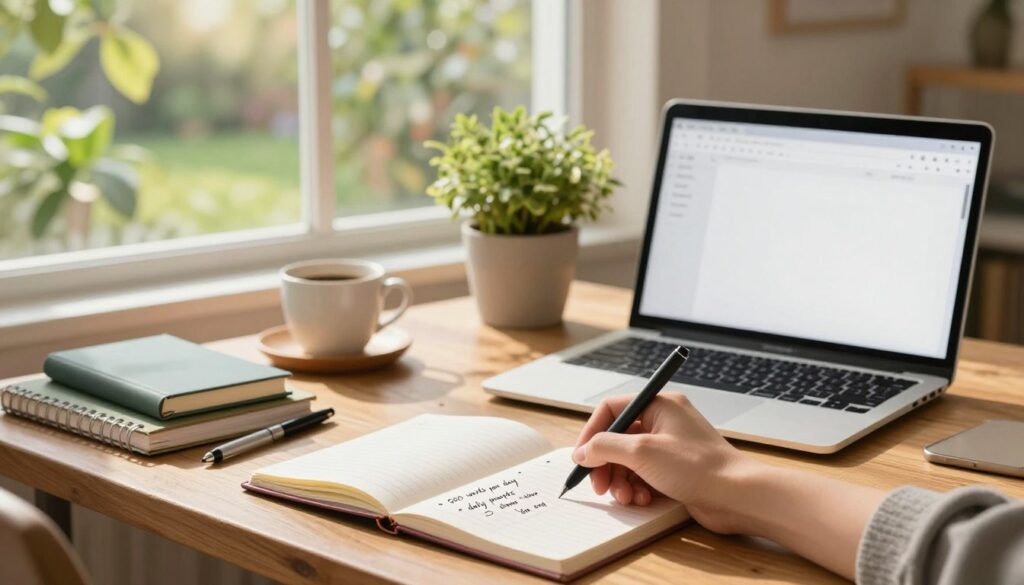 A cozy, inviting writing nook filled with natural light, showcasing a wooden desk cluttered with notebooks and pens, and a laptop displaying a blank document. In the foreground, a hand gently writes in a planner, outlining realistic writing goals, with bullet points like "500 words per day" and "daily prompts". The middle ground features a soft, potted plant adding a touch of greenery, while a warm cup of coffee sits nearby, hinting at comfort and focus. In the background, a large window reveals a serene garden, with sunlight filtering through the leaves, creating a peaceful, motivational atmosphere. The image captures a sense of calm determination, perfect for inspiring writers to set achievable goals. Soft, warm lighting emphasizes the inviting mood, while a shallow depth of field keeps the focus on the writing scene.