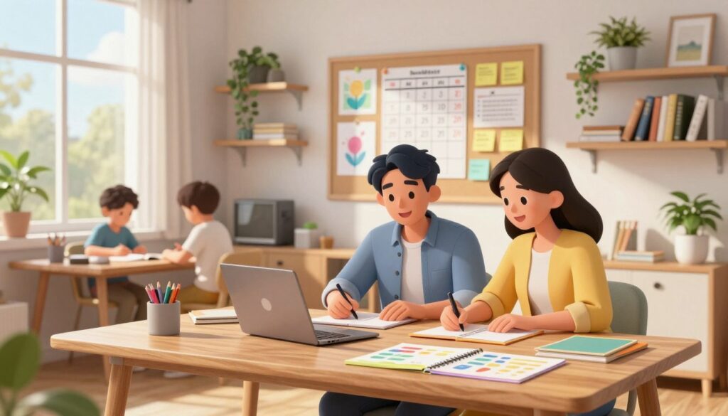 A cozy, modern family organization hub featuring a stylish home office setup. In the foreground, a sleek wooden desk with a laptop, colorful planners, and educational resources spread out neatly. A cheerful family is present, consisting of a father in smart-casual attire, a mother in comfortable yet professional clothing, and two children engaged in a learning activity. The middle ground showcases a bulletin board filled with schedules, artwork, and post-it notes highlighting remote learning resources. The background has shelves lined with books and decorative plants, bathed in warm, natural sunlight filtering through large windows. The overall atmosphere is inviting and productive, evoking a sense of harmony and support for remote learning and family life. Soft focus on the edges to emphasize the center of the scene. A cozy, modern family organization hub featuring a stylish home office setup. In the foreground, a sleek wooden desk with a laptop, colorful planners, and educational resources spread out neatly. A cheerful family is present, consisting of a father in smart-casual attire, a mother in comfortable yet professional clothing, and two children engaged in a learning activity. The middle ground showcases a bulletin board filled with schedules, artwork, and post-it notes highlighting remote learning resources. The background has shelves lined with books and decorative plants, bathed in warm, natural sunlight filtering through large windows. The overall atmosphere is inviting and productive, evoking a sense of harmony and support for remote learning and family life. Soft focus on the edges to emphasize the center of the scene.