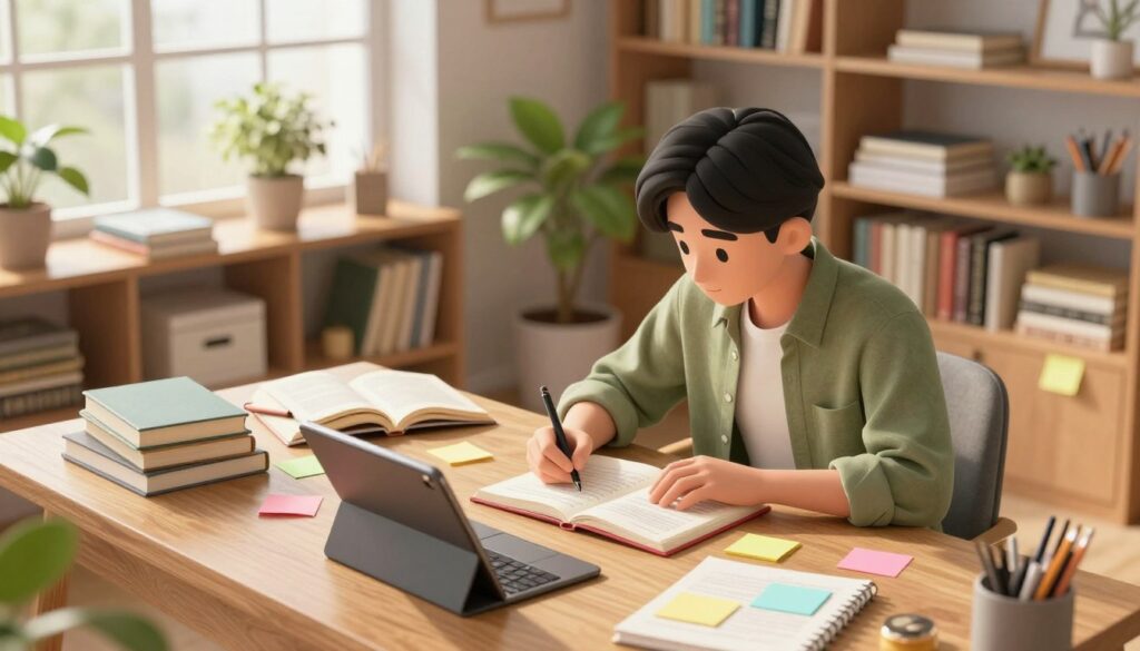 A cozy, modern study room, bathed in warm, natural light filtering through large windows. In the foreground, a focused individual, wearing smart casual attire, is jotting down notes on a wooden desk cluttered with various reading materials—an open book, a tablet, and a colorful assortment of sticky notes. The middle ground features shelves filled with books and organized stationery, creating an inviting atmosphere for productive learning. In the background, potted plants add a touch of greenery, enhancing the space's tranquility. The angle captures a slight overhead view, emphasizing the act of note-taking as a dynamic process. The mood is inspiring and scholarly, reflecting the importance of adapting note-taking methods to different reading materials.