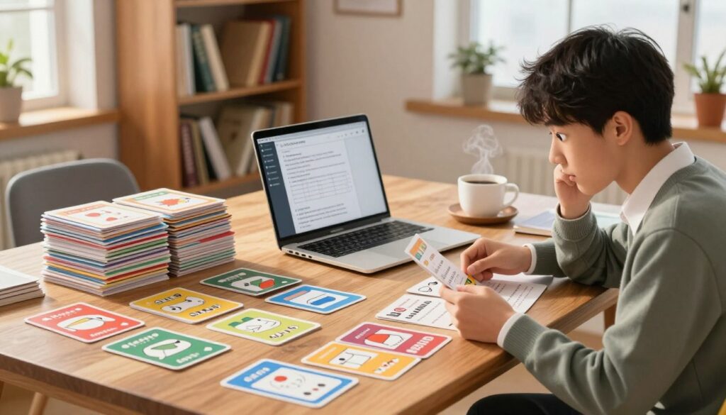 A cozy study environment featuring a large wooden table cluttered with colorful flashcards. In the foreground, a student dressed in smart casual attire, focused and engaged, is reviewing flashcards, holding one up with a thoughtful expression. In the middle ground, a stack of neatly organized flashcards sprawls on one side, while a laptop with open note-taking software sits alongside a cup of steaming coffee, adding a touch of warmth. In the background, a soft bookshelf filled with various books provides a scholarly vibe, illuminated by warm, natural light streaming in from a nearby window, creating an inviting and productive atmosphere. The composition captures the essence of effective learning and the review process, emphasizing concentration and organization.