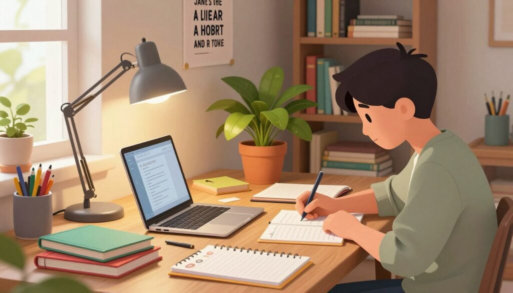 A cozy study environment featuring a wooden desk with neatly organized study materials: an open laptop, colorful notebooks, a planner, and stationery. In the foreground, a person in modest casual clothing, deeply focused, is writing notes. The middle ground includes a well-lit desk lamp casting a warm glow, with a large potted plant adding a touch of greenery. Behind, a wall adorned with motivational posters and a bookshelf filled with books creates an inspiring atmosphere. Soft natural light filters in through a window, illuminating the scene and enhancing the sense of calm productivity. The overall mood is focused, energetic, and encouraging, perfect for reflecting a powerful study routine. A cozy study environment featuring a wooden desk with neatly organized study materials: an open laptop, colorful notebooks, a planner, and stationery. In the foreground, a person in modest casual clothing, deeply focused, is writing notes. The middle ground includes a well-lit desk lamp casting a warm glow, with a large potted plant adding a touch of greenery. Behind, a wall adorned with motivational posters and a bookshelf filled with books creates an inspiring atmosphere. Soft natural light filters in through a window, illuminating the scene and enhancing the sense of calm productivity. The overall mood is focused, energetic, and encouraging, perfect for reflecting a powerful study routine.