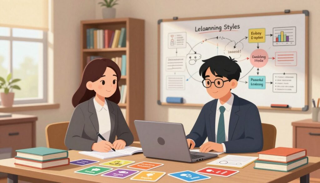 A cozy study room filled with diverse learning materials, featuring a young adult woman and man engaged in study, dressed in professional business attire. In the foreground, a table is scattered with colorful flashcards, books, and a laptop, symbolizing various learning styles. The middle ground showcases a large whiteboard filled with diagrams and mind maps representing visual learning. In the background, a bookshelf holds well-organized resources, while sunlight filters through a window, creating a warm and inviting atmosphere. The scene conveys a sense of focus and collaboration, embodying the concept of understanding personal learning styles in an engaging and supportive environment.