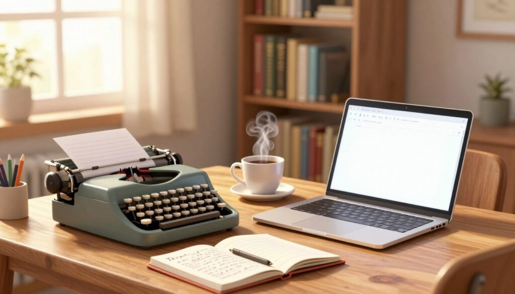 A cozy study room filled with elements of personal essay writing. In the foreground, there is a wooden desk with a vintage typewriter, a stack of notebooks filled with handwritten notes, and an open laptop displaying a blank document. A steaming cup of coffee sits beside the typewriter, emitting gentle wisps of steam. In the middle ground, a bookshelf filled with classic literature and writing guides stands tall. A comfortable chair invites writers to sit and create. The background features a window with soft sunlight filtering through sheer curtains, creating a warm glow in the room. The atmosphere is calm and inspiring, encouraging creativity and personal expression. The scene is shot with a soft focus, capturing a cozy, inviting ambiance.