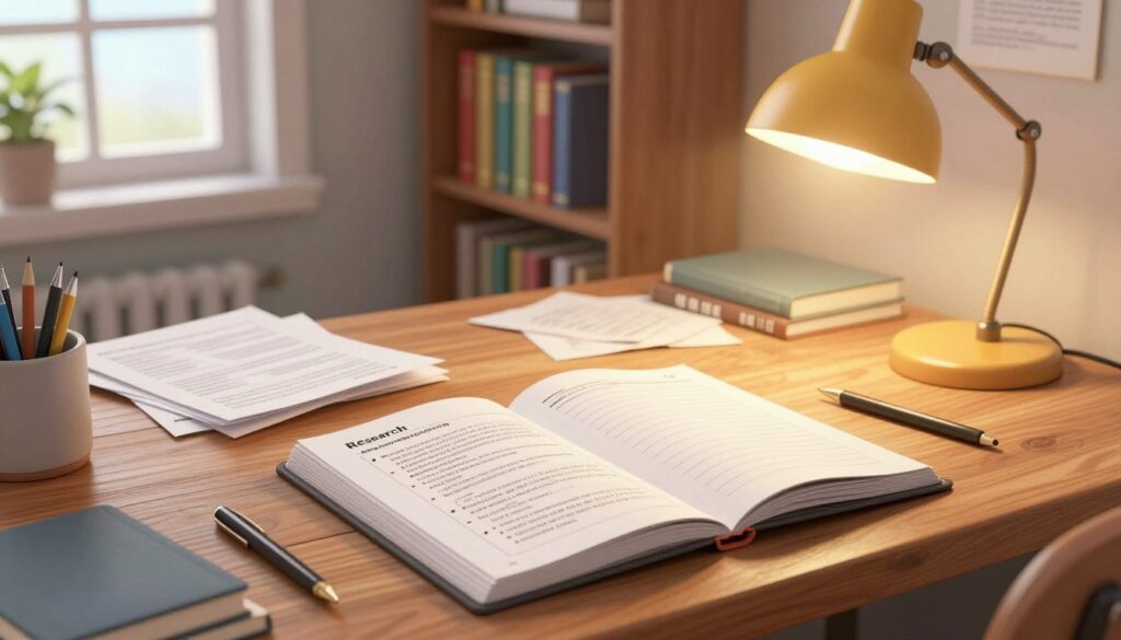 A cozy study scene featuring a polished wooden desk cluttered with research papers, notebooks, and writing utensils. In the foreground, an open notebook displays a neatly organized research paper outline with bullet points and headings. A warm desk lamp casts a soft glow, illuminating the pages and creating gentle shadows. In the middle background, a bookshelf lined with scholarly texts and a mug of coffee add a scholarly atmosphere. The room is filled with natural light from a window, hinting at a bright day outside. The overall mood is focused and serene, encouraging productivity. The composition should be framed at a slight angle to capture the depth of the desk and the inviting study environment, creating a sense of engagement and motivation for drafting.
