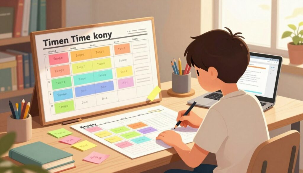A cozy study space featuring a student using a time blocking method to organize their study schedule. In the foreground, a young student, dressed in modest casual clothing, is actively planning their week with colorful sticky notes spread out on a large desk. The middle ground displays a wall planner filled with neatly organized time blocks in various colors, alongside a laptop open with educational resources. The background features bookshelves filled with books and a window letting in warm, natural light, creating a calm and productive atmosphere. The overall mood is focused and organized, evoking a sense of efficiency and creativity. Capture this scene from a slightly elevated angle to emphasize the student’s workspace and the vibrant colors of the time blocks.