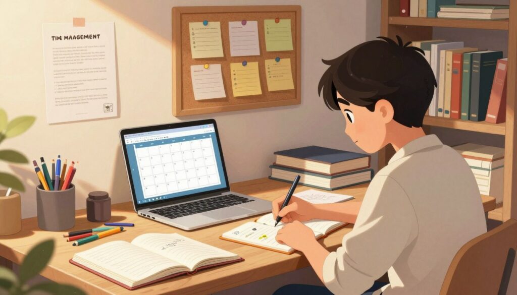 A cozy study space filled with natural light, featuring a wooden desk cluttered with open notebooks, colorful pens, and a laptop showing a calendar with study plans. In the foreground, a focused student dressed in smart casual attire, jotting down notes and ideas on a notepad, with a thoughtful expression. Surrounding the desk are motivational posters on the wall about time management, and a corkboard displaying neatly pinned reminders and deadlines. Soft afternoon light illuminates the scene, casting gentle shadows, creating a warm, inviting atmosphere. In the background, a bookshelf filled with various study materials adds depth to the setting, capturing the essence of productive writing and effective study techniques. A cozy study space filled with natural light, featuring a wooden desk cluttered with open notebooks, colorful pens, and a laptop showing a calendar with study plans. In the foreground, a focused student dressed in smart casual attire, jotting down notes and ideas on a notepad, with a thoughtful expression. Surrounding the desk are motivational posters on the wall about time management, and a corkboard displaying neatly pinned reminders and deadlines. Soft afternoon light illuminates the scene, casting gentle shadows, creating a warm, inviting atmosphere. In the background, a bookshelf filled with various study materials adds depth to the setting, capturing the essence of productive writing and effective study techniques.