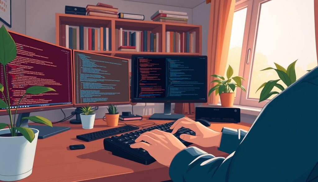 A cozy, well-lit home office with a developer's desk, multiple monitors displaying lines of code, and a potted plant adding a touch of nature. In the foreground, a person's hands actively typing on a mechanical keyboard, expressing a sense of flow and focus. The background features shelves filled with programming books and a large window letting in warm, diffused sunlight. The overall atmosphere conveys a productive, serene, and immersive "vibe coding" experience, complemented by the presence of the GitHub Copilot AI assistant, subtly integrated into the workflow.