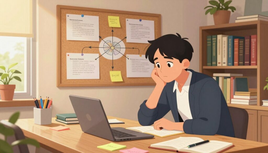 A cozy, well-lit study room, showcasing a wooden table scattered with colorful sticky notes, notebooks, and pens. In the foreground, a young adult dressed in smart casual attire leans over the table, deep in thought, with a thoughtful expression. The middle layer features a corkboard on the wall, filled with mind maps and brainstorming ideas for essay topics. In the background, a bookshelf filled with various academic texts and plants adds a touch of life to the atmosphere. Soft, natural light streams in from a nearby window, casting a warm glow that creates an inviting, focused mood, perfect for brainstorming and inspiration in essay writing. A cozy, well-lit study room, showcasing a wooden table scattered with colorful sticky notes, notebooks, and pens. In the foreground, a young adult dressed in smart casual attire leans over the table, deep in thought, with a thoughtful expression. The middle layer features a corkboard on the wall, filled with mind maps and brainstorming ideas for essay topics. In the background, a bookshelf filled with various academic texts and plants adds a touch of life to the atmosphere. Soft, natural light streams in from a nearby window, casting a warm glow that creates an inviting, focused mood, perfect for brainstorming and inspiration in essay writing.