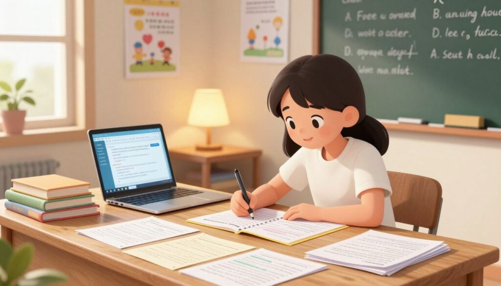 A cozy, well-lit study room with a wooden desk covered in neatly arranged practice questions printed on colorful paper. In the foreground, a friendly and focused student, a young girl in modest casual clothing, diligently reviews the questions with a pen in hand, surrounded by books and a laptop displaying an AI tutoring interface. In the middle background, a soft glow from a table lamp creates a warm atmosphere, while the walls are adorned with educational posters and a chalkboard filled with study notes. The scene is viewed from a slight angle, creating depth and highlighting the student’s engagement, with a touch of natural light streaming through a window, enhancing the feeling of a productive study session. The overall mood conveys motivation, preparation, and confidence.