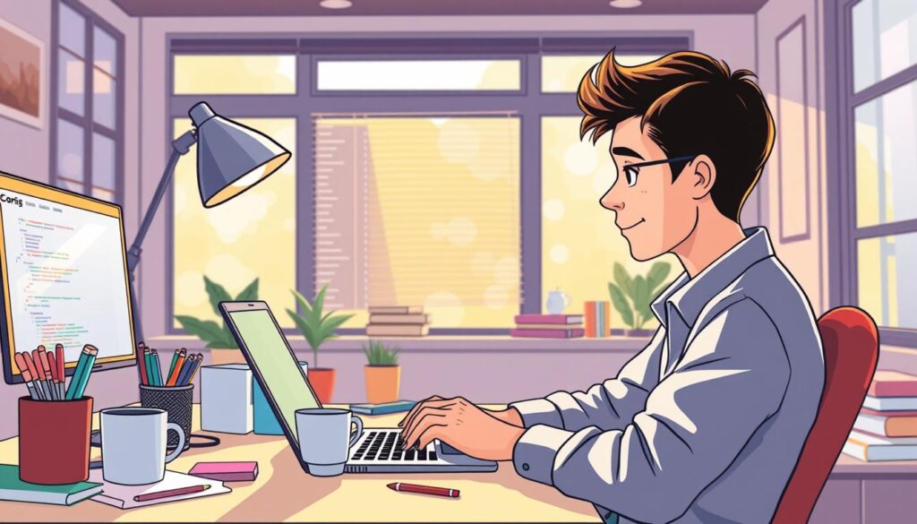 A cozy, well-lit workspace with a laptop, coffee mug, and an array of colorful office supplies. The user, a young professional, is deep in concentration, their fingers dancing across the keyboard, the screen reflecting an intricate code editor. Soft, natural lighting filters through large windows, casting a warm glow over the scene. The overall atmosphere is one of focus, creativity, and a sense of effortless productivity - a "vibe" that appeals to both developers and non-technical users alike. A cozy, well-lit workspace with a laptop, coffee mug, and an array of colorful office supplies. The user, a young professional, is deep in concentration, their fingers dancing across the keyboard, the screen reflecting an intricate code editor. Soft, natural lighting filters through large windows, casting a warm glow over the scene. The overall atmosphere is one of focus, creativity, and a sense of effortless productivity - a "vibe" that appeals to both developers and non-technical users alike.