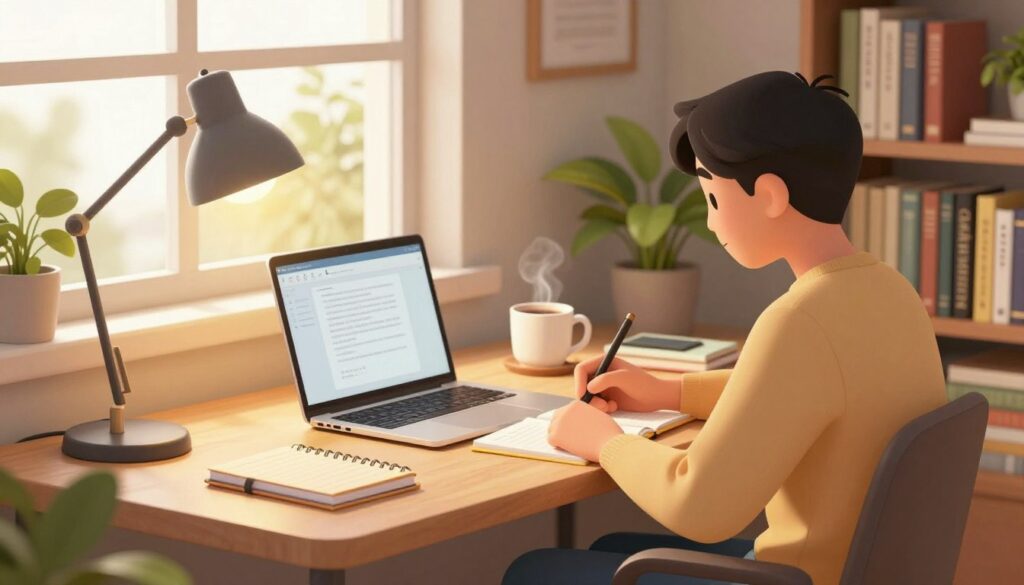 A cozy writing nook featuring a modern desk with a laptop, neatly arranged notebooks, and a steaming cup of coffee. In the foreground, a person of Asian descent in smart casual attire focuses intently on their writing, illuminated by warm, soft lighting from a nearby desk lamp. The middle ground reveals a window with light streaming in, casting a golden hue over the space, while a bookshelf filled with inspiring titles creates a nurturing atmosphere. In the background, green plants add life and freshness, enhancing the tranquil environment. The composition captures a moment of productivity and relaxation, reflecting the essence of a daily writing routine. The mood is calm and encouraging, inviting viewers to embrace the 15-minute writing technique.
