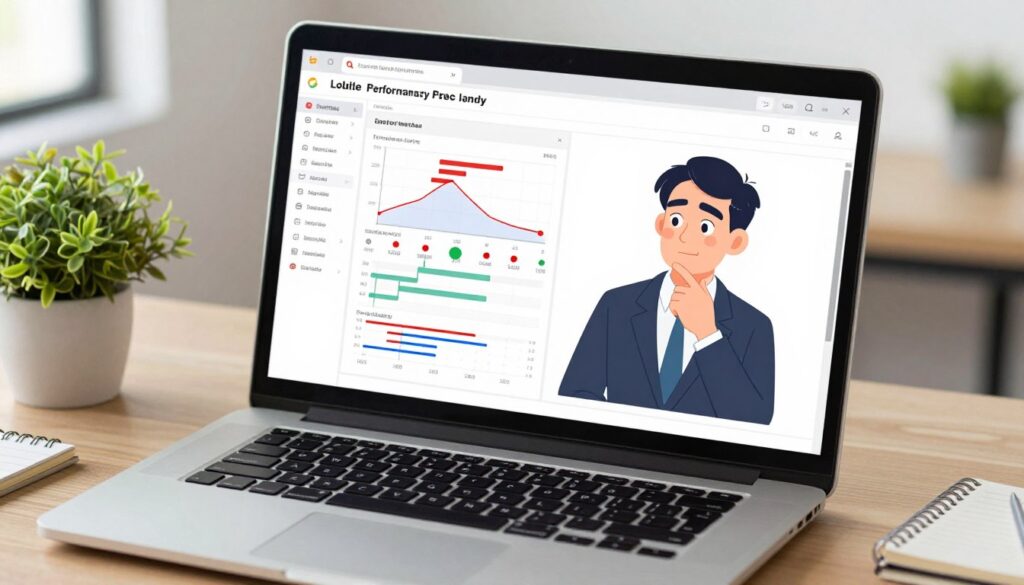 A detailed and organized computer screen displaying a run history page for a performance tracking tool, set against a soft-focus office background. In the foreground, a sleek laptop with an open window featuring graphs, logs, and workflow steps, highlighting issues with red markers. In the middle, a business professional in smart attire intently analyzing the data, with thoughtful expression and hand on chin. The background features an organized workspace with a potted plant and a notepad, illuminated by natural light coming through a window. The mood is analytical and focused, conveying a sense of urgency to identify and resolve problems efficiently. Capture this scene with a slightly elevated angle using soft lighting to emphasize clarity and professionalism.