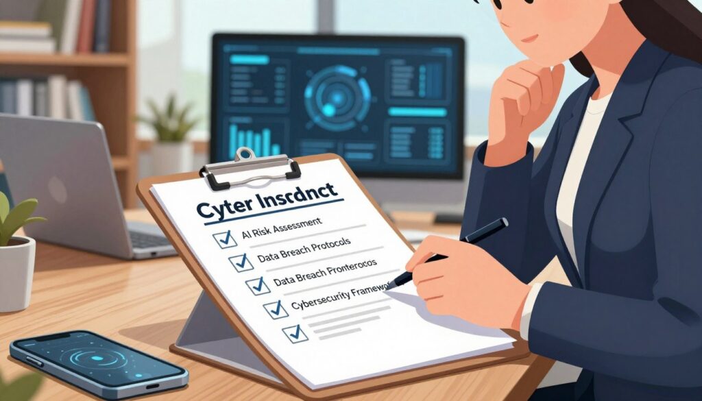A detailed close-up of a comprehensive cyber insurance coverage checklist, visually depicted on a wooden desk. In the foreground, a clipboard displays a checklist with items like "AI Risk Assessment," "Data Breach Protocols," and "Cybersecurity Framework" ticked off. Scattered around are modern tech devices like a laptop and a smartphone, symbolizing connectivity and technology. In the middle ground, a professional businessperson (a woman in a navy blazer) is thoughtfully reviewing the checklist, exuding focus and determination. The background features subtle elements of a high-tech office, such as bookshelves with cybersecurity literature and a sleek digital screen displaying relevant stats and charts. Soft natural light filters through a large window, creating a productive atmosphere. The overall mood is serious yet hopeful, emphasizing the importance of proactive insurance strategies in an AI-driven world.