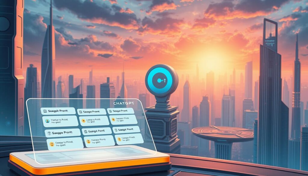A detailed, futuristic scene depicting chatGPT prompts. In the foreground, a holographic display showcases several prompts in a sleek, minimalist interface. The middle ground features a stylized 3D representation of chatGPT, with its iconic logo and metallic textures. The background is a vast, high-tech cityscape, with skyscrapers, floating platforms, and a vibrant, neon-infused skyline. The lighting is a combination of cool, blue tones and warm, orange hues, creating a sense of depth and technological sophistication. The overall atmosphere is one of innovation, creativity, and the seamless integration of AI-driven content generation into our daily lives. A detailed, futuristic scene depicting chatGPT prompts. In the foreground, a holographic display showcases several prompts in a sleek, minimalist interface. The middle ground features a stylized 3D representation of chatGPT, with its iconic logo and metallic textures. The background is a vast, high-tech cityscape, with skyscrapers, floating platforms, and a vibrant, neon-infused skyline. The lighting is a combination of cool, blue tones and warm, orange hues, creating a sense of depth and technological sophistication. The overall atmosphere is one of innovation, creativity, and the seamless integration of AI-driven content generation into our daily lives.