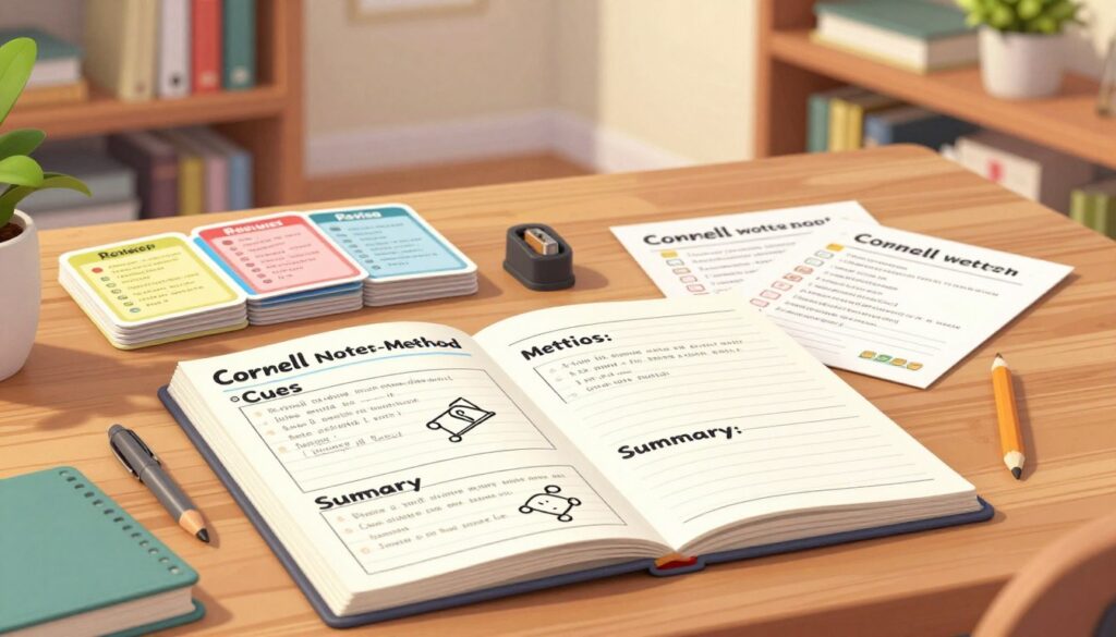 A detailed illustration of the Cornell Note-Taking Method, centered on a wooden desk with neatly arranged stationery. Foreground: An open Cornell notes page, clearly segmented into cues, notes, and a summary section, filled with handwritten notes and diagrams. Middle: A stack of colorful review cards and a pencil sharpener beside a few completed quick quizzes. Background: A softly lit study room with a bookshelf filled with books and a potted plant, exuding an atmosphere of productivity and focus. Use soft, warm lighting to create a cozy yet professional mood, with a slight depth of field to emphasize the notes in the foreground. The angle should be slightly elevated, providing a clear view of the notes and materials.