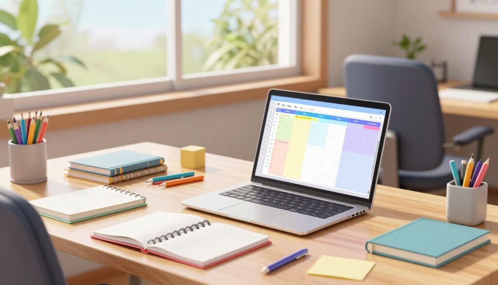A detailed, organized study desk setup in a modern, well-lit environment. In the foreground, a sleek laptop displays a colorful, structured spaced repetition schedule with distinct weekly and daily sections. On the desk, notebooks are neatly arranged alongside colorful stationery, emphasizing an atmosphere of productivity and focus. The middle ground features a comfortable ergonomic chair, inviting for long study sessions. In the background, a large window lets in natural light, illuminated by soft, warm tones, showcasing a serene outdoor view of greenery. The mood is calm and motivating, encouraging students to embrace effective study techniques. Use a wide-angle view to capture the entire layout, with soft shadows to create depth while maintaining a clean, professional look. A detailed, organized study desk setup in a modern, well-lit environment. In the foreground, a sleek laptop displays a colorful, structured spaced repetition schedule with distinct weekly and daily sections. On the desk, notebooks are neatly arranged alongside colorful stationery, emphasizing an atmosphere of productivity and focus. The middle ground features a comfortable ergonomic chair, inviting for long study sessions. In the background, a large window lets in natural light, illuminated by soft, warm tones, showcasing a serene outdoor view of greenery. The mood is calm and motivating, encouraging students to embrace effective study techniques. Use a wide-angle view to capture the entire layout, with soft shadows to create depth while maintaining a clean, professional look.