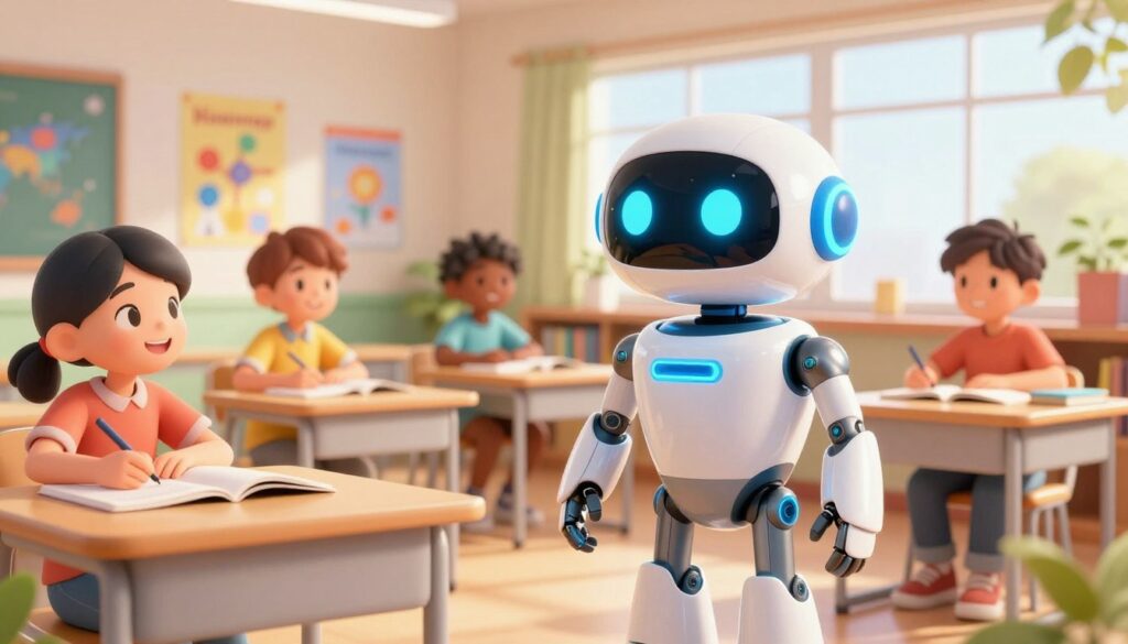 A digital illustration of an AI tutor named Khanmigo, visually represented as a friendly, futuristic robot standing in a bright, well-lit classroom. In the foreground, Khanmigo features sleek, smooth surfaces with glowing accents, with expressive digital eyes that convey warmth and encouragement. In the middle ground, students of diverse backgrounds playfully engage with Khanmigo while working on their homework, showcasing a collaborative learning environment. The background features colorful educational posters on the walls and shelves filled with books, enhancing the scholarly atmosphere. The lighting is soft and natural, mimicking sunlight streaming through large windows, creating an inviting and optimistic mood. The angle is slightly low, emphasizing the engaging interaction between Khanmigo and the students, capturing a sense of inspiration and curiosity in education. A digital illustration of an AI tutor named Khanmigo, visually represented as a friendly, futuristic robot standing in a bright, well-lit classroom. In the foreground, Khanmigo features sleek, smooth surfaces with glowing accents, with expressive digital eyes that convey warmth and encouragement. In the middle ground, students of diverse backgrounds playfully engage with Khanmigo while working on their homework, showcasing a collaborative learning environment. The background features colorful educational posters on the walls and shelves filled with books, enhancing the scholarly atmosphere. The lighting is soft and natural, mimicking sunlight streaming through large windows, creating an inviting and optimistic mood. The angle is slightly low, emphasizing the engaging interaction between Khanmigo and the students, capturing a sense of inspiration and curiosity in education.