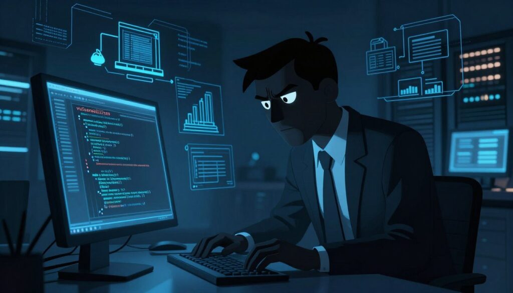 A digital representation of "vulnerabilities" in a cyber context. In the foreground, an illuminated computer screen displays intricate lines of code, hinting at potential flaws. The middle ground features a shadowy figure in professional business attire, intently analyzing the screen, with a focused expression that reflects the tension of their task. Surrounding them are abstract diagrams and schematics of software architecture, emphasizing the complexity of vulnerabilities. The background is a dark, moody tech space filled with dimly lit servers and blinking lights, creating an atmosphere of secrecy and urgency. The scene is lit with a cool blue hue, capturing a sense of foreboding, as if danger lurks just out of sight. The perspective is slightly tilted, enhancing a feeling of unease and highlighting the theme of threat within the digital world.
