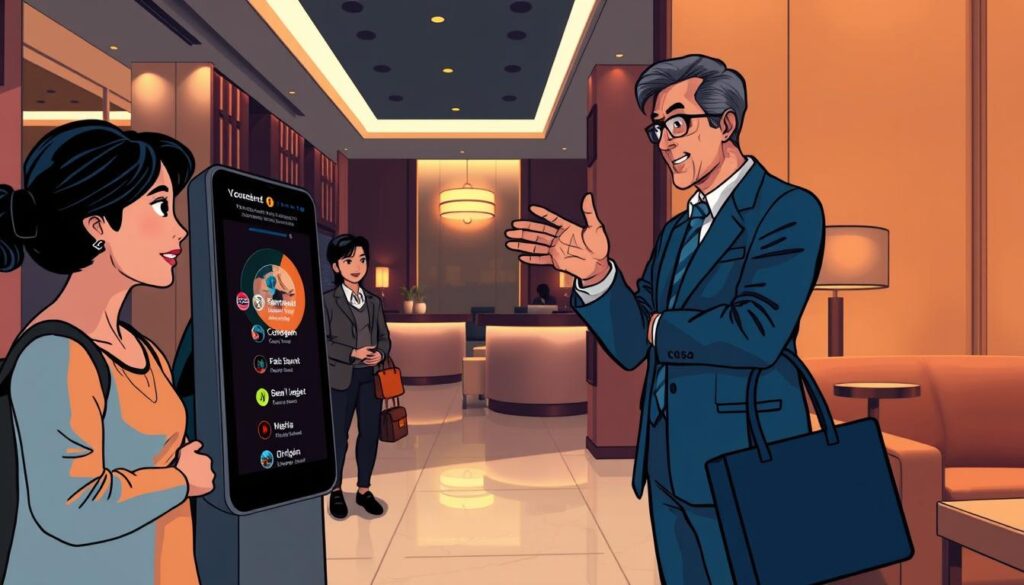 A dimly lit hotel lobby with a diverse group of guests interacting with a sleek, voice-activated in-room assistant. The assistant's interface displays multiple language options, catering to an international clientele. In the foreground, a family from Asia consults the device, while in the middle ground, a European business traveler gestures animatedly. The background features a concierge desk and elegant furnishings, creating a luxurious, high-tech atmosphere. Soft, warm lighting illuminates the scene, evoking a sense of comfort and personalized service. The overall mood conveys a seamless, multilingual guest experience enabled by advanced AI technology.