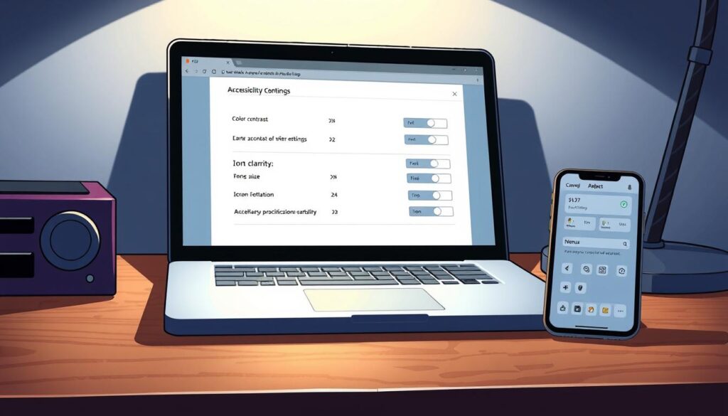 A dimly lit workspace with a laptop and smartphone on a wooden desk. The laptop screen displays an accessibility contrast settings panel, with options for adjusting color contrast, font size, and icon clarity. The smartphone's screen shows a mobile app interface with high-contrast menus and icons. Soft, directional lighting casts shadows that emphasize the depth and texture of the desk's surface. The overall atmosphere conveys a sense of focus and attention to detail, reflecting the importance of accessibility in modern digital design.