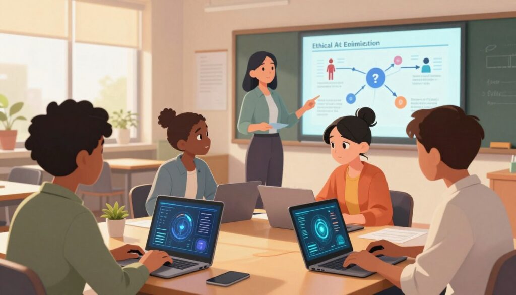 A diverse classroom scene illustrating the concept of learning through the lens of cybersecurity risks associated with AI tools. In the foreground, three students of varied ethnic backgrounds are engrossed in a collaborative project, using laptops with cybersecurity graphs on their screens. They are dressed in professional casual attire, displaying expressions of curiosity and concentration. In the middle ground, a teacher stands near a digital whiteboard, discussing ethical implications, with diagrams highlighting human connection, critical thinking, and equity in education. The background features large windows allowing soft, natural light to filter in, casting warm tones throughout the room, creating an inviting atmosphere. The scene symbolizes a thoughtful and engaged learning environment, highlighting both technological tools and human interaction. The angle is slightly elevated, providing a comprehensive view of the classroom dynamics.