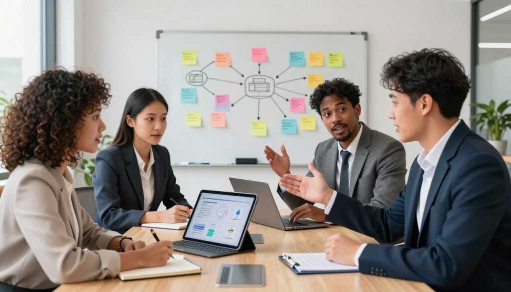 A diverse group of four professionals (two men and two women) engaged in a focused discussion around a modern conference table. In the foreground, one man gestures enthusiastically, pointing at a digital tablet displaying project timelines, while a woman with curly hair takes notes. The middle layer features a whiteboard filled with colorful sticky notes and diagrams that symbolize communication strategies. In the background, soft natural light filters through large windows, illuminating a well-organized office space with plants, emphasizing a collaborative atmosphere. The mood is dynamic and productive, showcasing teamwork and effective communication strategies. The professionals are dressed in smart business attire, reflecting a professional environment.