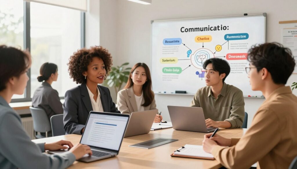 A diverse group of professionals gathered around a modern conference table, engaged in a lively discussion. The foreground features a middle-aged Black woman in a stylish business suit, using her laptop to showcase a presentation. Beside her, a young Asian man in smart casual attire takes notes while attentively listening. In the background, a large whiteboard displays colorful infographics and keywords that represent various communication styles. Soft, natural lighting filters through large windows, casting a warm glow over the scene. The camera angle is slightly elevated, capturing the energy of collaboration and the importance of tailoring messages to reach different audiences effectively. The atmosphere is dynamic and inclusive, emphasizing professionalism and teamwork. A diverse group of professionals gathered around a modern conference table, engaged in a lively discussion. The foreground features a middle-aged Black woman in a stylish business suit, using her laptop to showcase a presentation. Beside her, a young Asian man in smart casual attire takes notes while attentively listening. In the background, a large whiteboard displays colorful infographics and keywords that represent various communication styles. Soft, natural lighting filters through large windows, casting a warm glow over the scene. The camera angle is slightly elevated, capturing the energy of collaboration and the importance of tailoring messages to reach different audiences effectively. The atmosphere is dynamic and inclusive, emphasizing professionalism and teamwork.