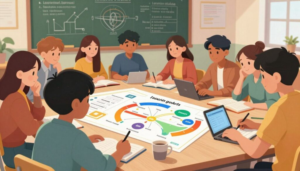 A diverse group of students gathered around a large table in a well-lit classroom, engaged in collaborative learning. In the foreground, a student thoughtfully reviewing a colorful progress chart filled with various indicators of learning, such as skills mastered and projects completed. In the middle ground, classmates are participating in discussions, sharing ideas while looking at notebooks and digital devices, illustrating teamwork and dynamic engagement. The background features a chalkboard filled with diagrams and notes about learning outcomes, creating an inspiring educational atmosphere. Soft, warm lighting enhances a sense of positivity and growth. Capture the mood of genuine learning and progress, emphasizing the broader concept of knowledge acquisition over numerical scores, using a standard lens for a clear and close view.