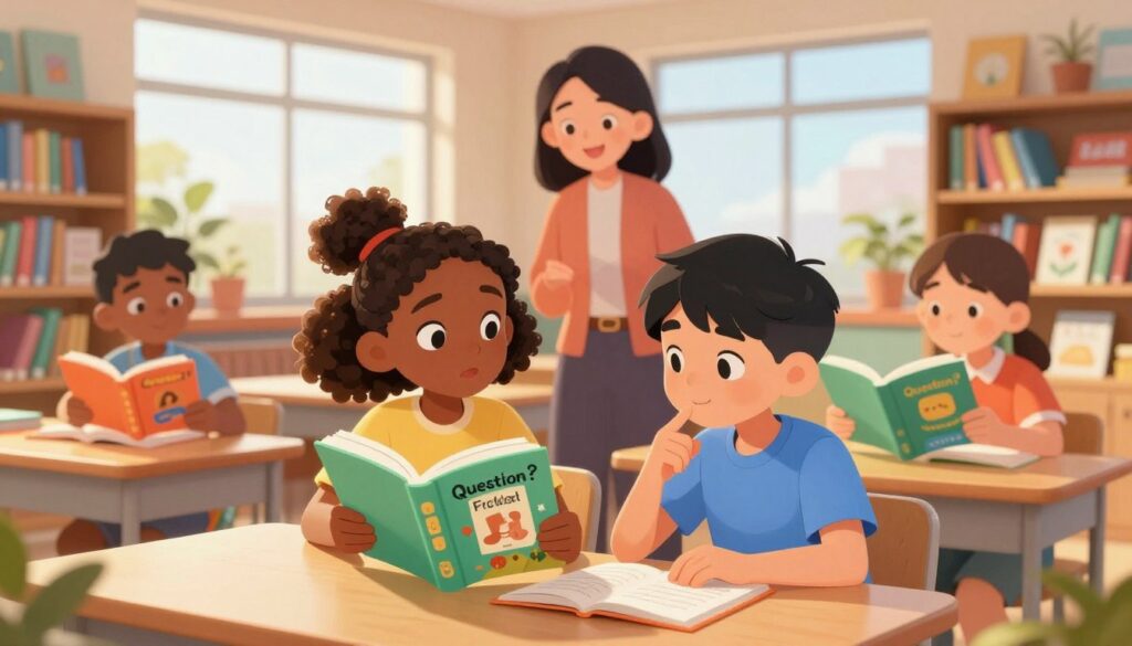 A diverse group of students, including a Black girl and an Asian boy, actively engaging in a collaborative reading session. In the foreground, the girl holds a colorful book open, looking intrigued, while the boy points to a passage with a thoughtful expression. Surrounding them are bookshelves filled with various educational materials, symbolizing traditional reading challenges. In the middle ground, a supportive teacher observes and smiles, encouraging the interaction. The background features a bright, modern classroom with large windows letting in warm, natural light, casting soft shadows across the room. The atmosphere is uplifting and focused, illustrating teamwork and innovative approaches to reading, emphasizing the transformative power of the "Question-First" method. A diverse group of students, including a Black girl and an Asian boy, actively engaging in a collaborative reading session. In the foreground, the girl holds a colorful book open, looking intrigued, while the boy points to a passage with a thoughtful expression. Surrounding them are bookshelves filled with various educational materials, symbolizing traditional reading challenges. In the middle ground, a supportive teacher observes and smiles, encouraging the interaction. The background features a bright, modern classroom with large windows letting in warm, natural light, casting soft shadows across the room. The atmosphere is uplifting and focused, illustrating teamwork and innovative approaches to reading, emphasizing the transformative power of the "Question-First" method.