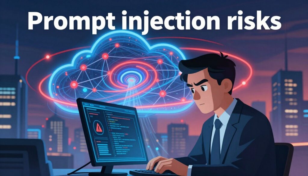 A dramatic visualization of "prompt injection risks" in the context of deploying large language models in production. In the foreground, a professional-looking business person in formal attire, deeply focused, is examining a complex digital interface displaying lines of code and warning symbols. In the middle ground, a large, abstract representation of a cloud computing network swirls with vibrant blues and reds, symbolizing the risks and vulnerabilities inherent to these AI systems. The background features a futuristic city skyline subtly lit by a twilight hue, illustrating the fast-paced technological environment. Soft backlighting highlights the subjects and network elements, creating a tense yet intriguing atmosphere, suggesting the gravity of potential risks involved before going live. A dramatic visualization of "prompt injection risks" in the context of deploying large language models in production. In the foreground, a professional-looking business person in formal attire, deeply focused, is examining a complex digital interface displaying lines of code and warning symbols. In the middle ground, a large, abstract representation of a cloud computing network swirls with vibrant blues and reds, symbolizing the risks and vulnerabilities inherent to these AI systems. The background features a futuristic city skyline subtly lit by a twilight hue, illustrating the fast-paced technological environment. Soft backlighting highlights the subjects and network elements, creating a tense yet intriguing atmosphere, suggesting the gravity of potential risks involved before going live.