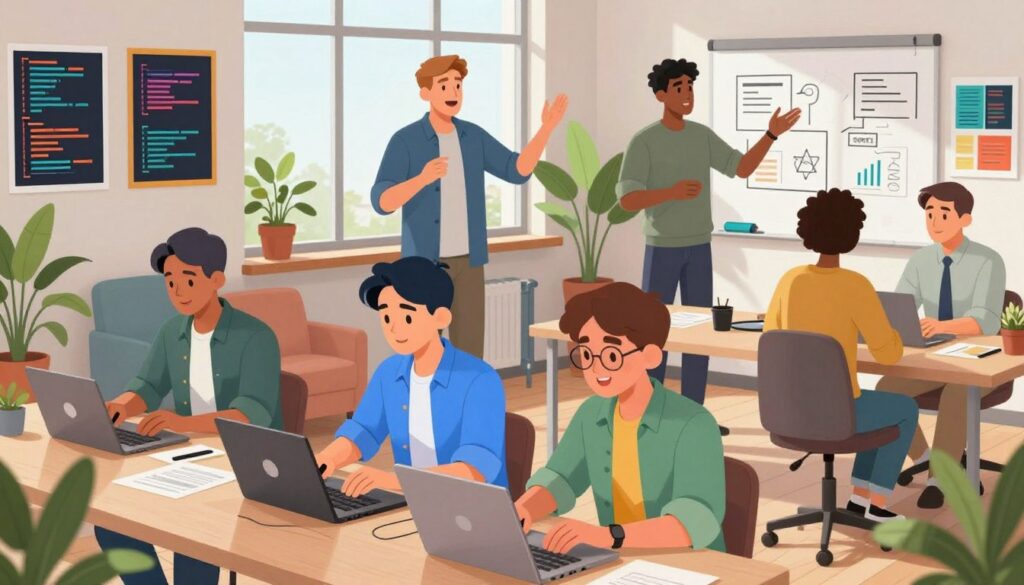 A dynamic and engaging scene showcasing a diverse group of developers collaborating in a modern, vibrant tech workspace. In the foreground, two developers, one wearing a stylish blue shirt and the other in a casual but professional outfit, are focused on their laptops, surrounded by colorful coding posters and whiteboards filled with innovative ideas. The middle ground features a third developer, intently discussing ideas with colleagues, gesturing enthusiastically. In the background, large windows allow natural light to flood the space, illuminating the energetic atmosphere. The room is filled with greenery, soft furnishings, and high-tech gadgets, creating an inspiring vibe coding culture. The angle is slightly elevated to capture the camaraderie and creativity, while the overall mood is optimistic and collaborative.