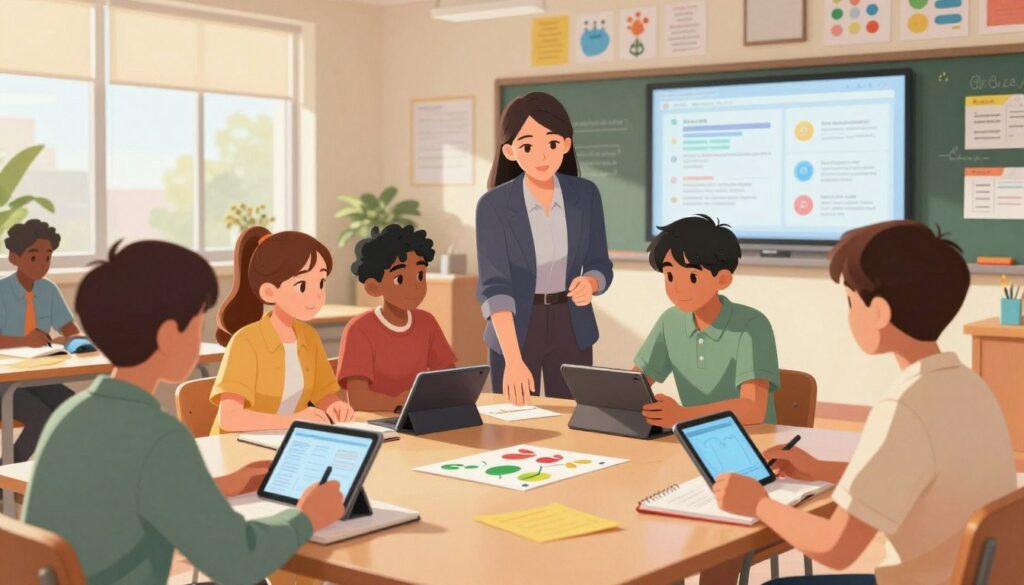 A dynamic classroom environment focusing on student-centered learning enhanced by AI tools. In the foreground, a diverse group of students, dressed in casual yet modest clothing, collaborate around a table, engaged in a project. They are using tablets and notebooks, showcasing elements of critical thinking and creativity. In the middle, a dedicated tutor, wearing professional attire, guides one student, illustrating personalized support. The background features a wall covered with colorful charts, educational posters, and a digital screen displaying AI-assisted learning resources. Natural lighting floods the space through large windows, creating a warm and inviting atmosphere. The camera angle is slightly elevated, capturing a sense of inclusivity and engagement among the students. The overall mood is focused, encouraging curiosity and collaboration.