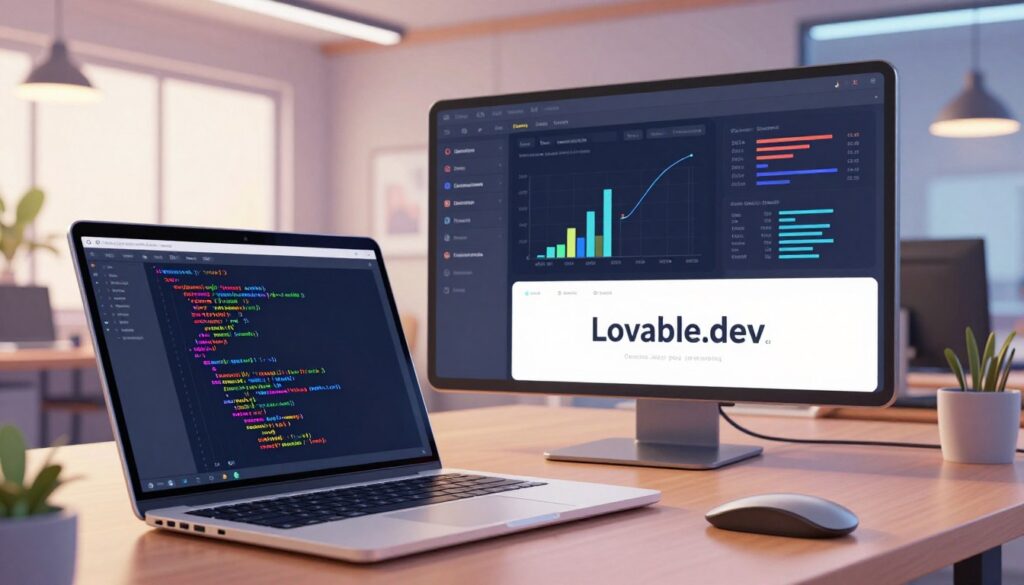 A dynamic digital workspace showcasing core features of Lovable.dev that enhance developer experience. In the foreground, a sleek laptop with a colorful code editor open, displaying vibrant syntax-highlighted code snippets. The middle layer includes a modern virtual dashboard with interactive graphs and analytics, reflecting real-time performance metrics and user engagement. The background features a futuristic office environment with soft, ambient lighting to create a warm, inviting atmosphere. Large windows allow natural light to filter in, highlighting the productivity and innovation at play. The angle is slightly tilted to provide a fresh perspective, emphasizing the cutting-edge technology. The mood conveys inspiration, collaboration, and efficiency, illustrating how these features set the platform apart for developers.