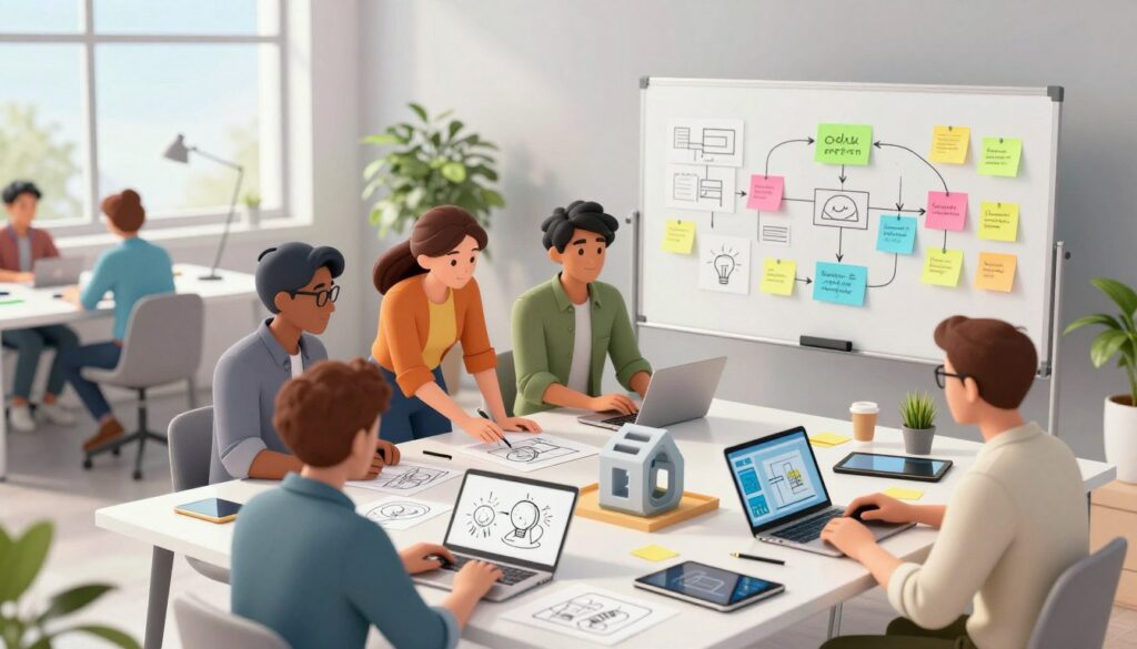 A dynamic workspace showcasing the journey from idea to prototype to production. In the foreground, a diverse team of professionals in business casual attire collaborates around a sleek, modern table. They examine sketches, digital mock-ups on laptops, and a 3D printed prototype, conveying an atmosphere of innovation and teamwork. In the middle, a whiteboard filled with vibrant sticky notes outlines the project’s workflow, and tools like laptops and tablets are scattered throughout. In the background, a bright, airy office space with large windows lets in natural light, enhancing the creative energy. The scene is captured from a slightly elevated angle to provide depth, focusing on the teamwork aspect, emphasizing the practical workflow in an engaging and inspiring environment.