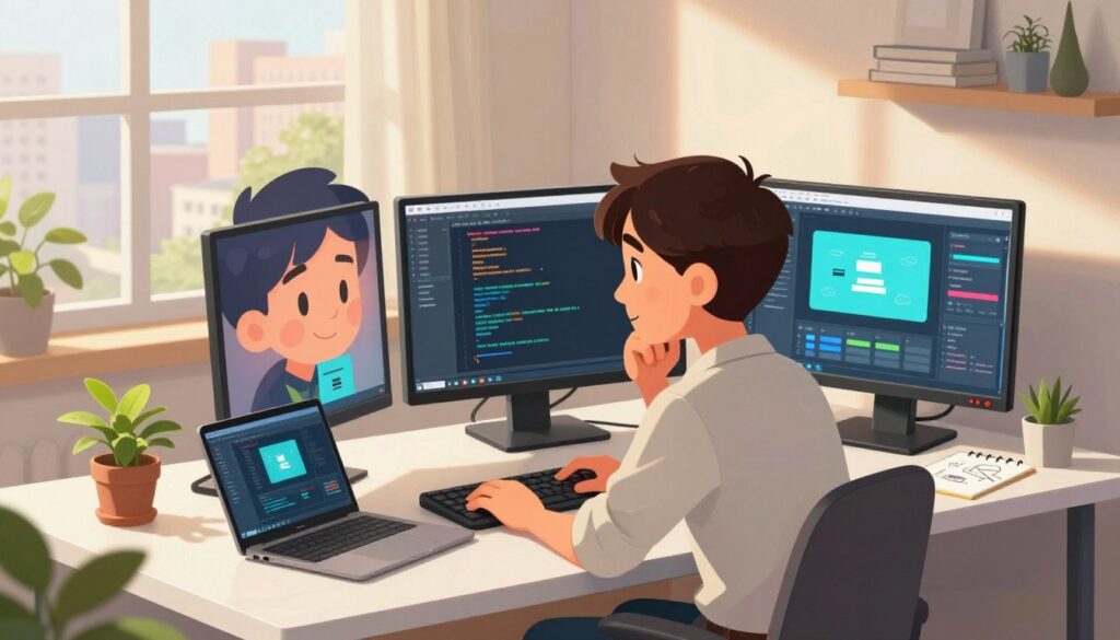 A focused solo developer working at a sleek, modern desk in a well-lit, cozy home office. In the foreground, the developer, dressed in professional casual attire, is deep in thought, surrounded by dual monitors displaying vibrant design elements and code snippets. The middle ground features a small indoor plant and a notepad with sketches of SaaS product ideas. In the background, a sunlit window reveals a calming cityscape, conveying productivity and inspiration. Soft, natural lighting filters through sheer curtains, creating a warm atmosphere. The camera angle is slightly elevated, showcasing both the developer's concentration and the organized workspace. The overall mood is one of creativity, calmness, and sustainable work-life balance.