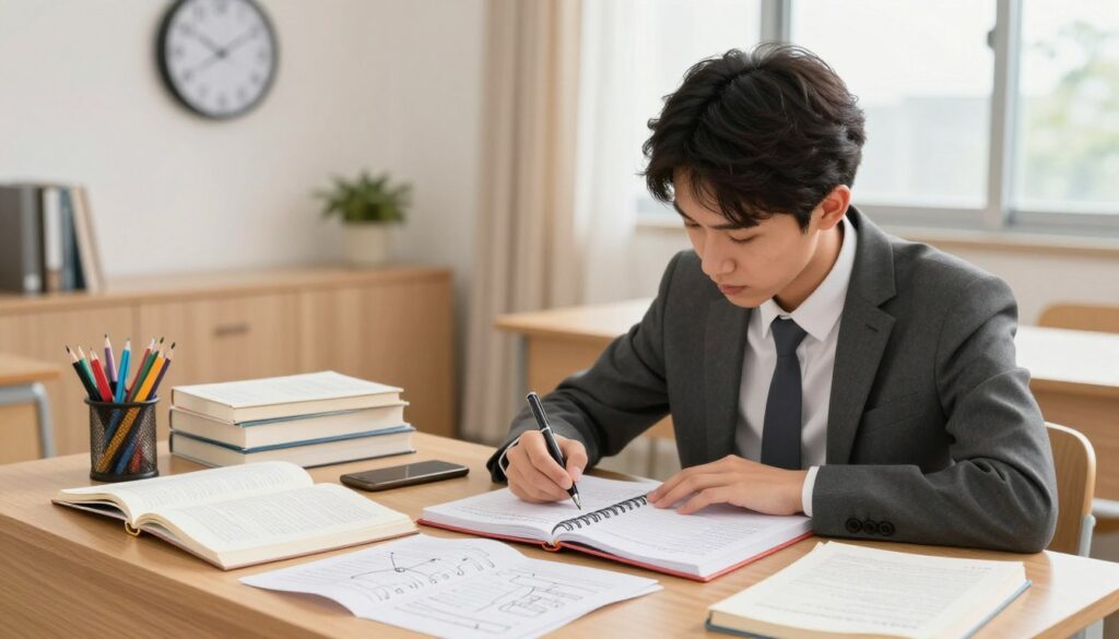A focused student sitting at a wooden desk in a well-lit, cozy study room, surrounded by open textbooks and colorful stationery, meticulously organizing notes in a planner. The foreground features the student, a young adult in professional business attire, intently writing with a pen, showcasing a look of concentration. In the middle, scattered papers display diagrams and bullet points, symbolizing effective thought organization under time pressure. In the background, a clock on the wall highlights time constraints, with soft, natural light streaming through a window, creating a calm atmosphere. The overall mood conveys determination and clarity, emphasizing the importance of managing time efficiently while preparing for tests. A focused student sitting at a wooden desk in a well-lit, cozy study room, surrounded by open textbooks and colorful stationery, meticulously organizing notes in a planner. The foreground features the student, a young adult in professional business attire, intently writing with a pen, showcasing a look of concentration. In the middle, scattered papers display diagrams and bullet points, symbolizing effective thought organization under time pressure. In the background, a clock on the wall highlights time constraints, with soft, natural light streaming through a window, creating a calm atmosphere. The overall mood conveys determination and clarity, emphasizing the importance of managing time efficiently while preparing for tests.