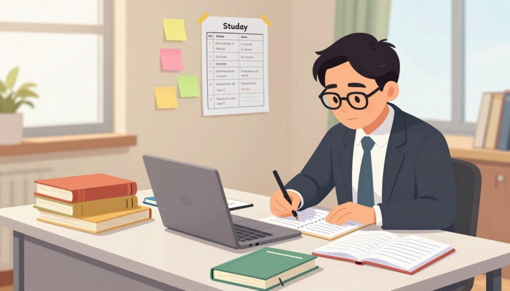 A focused study environment showcasing a variety of study materials, such as textbooks, notebooks, and a laptop on a modern desk. In the foreground, a mature student in professional attire, intently reviewing notes while writing in a planner. In the middle, a wall adorned with colorful sticky notes and a detailed study plan outlining daily tasks and goals. The background features a well-lit room with large windows allowing natural light to filter in, creating a calm yet productive atmosphere. The mood is one of concentration and determination, with soft, warm lighting emphasizing the student’s focus. A slight overhead angle captures the organized chaos of a successful study session, conveying the application and practice phase of the exam preparation process.