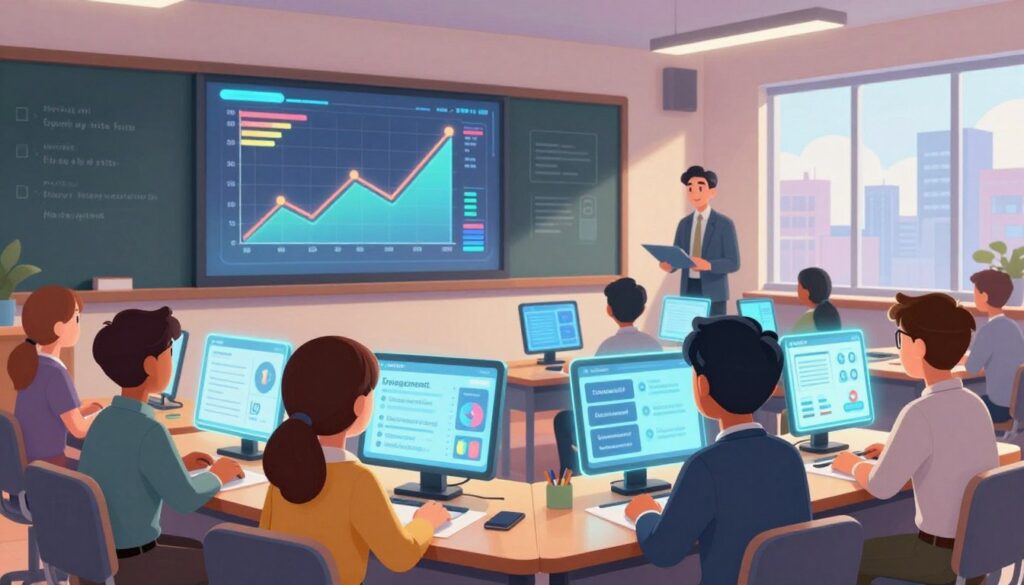 A futuristic classroom scene filled with digital interfaces displaying AI analytics about student performance. In the foreground, a diverse group of teachers in professional attire examine holographic report cards showing metrics like engagement, participation, and skill mastery. The middle layer features a large screen with vibrant graphs and interactive elements, highlighting improvements over time. Background elements include modern desks with tablets and laptops, as well as a window showcasing a city skyline, suggesting a blend of technology and education. Soft, ambient lighting enhances the atmosphere, creating a welcoming and innovative mood, while a low-angle perspective emphasizes the importance of AI in enhancing student evaluations.