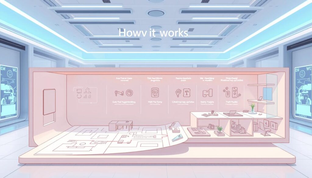 A futuristic, cut-away diagram illustrating the "How it works" process for automated floor-plan generation. In the foreground, an architectural blueprint is gradually unfolding, with various design elements like walls, rooms, and furniture appearing in a smooth, animated sequence. In the middle ground, a series of graphical icons and data visualizations depict the key steps - from user requirements, to generative AI algorithms, to validated 3D models. The background features a sleek, minimalist tech environment with holographic displays and clean, blue-tinted lighting, creating an atmosphere of advanced, cutting-edge technology. The overall mood is one of precision, efficiency, and seamless workflow.