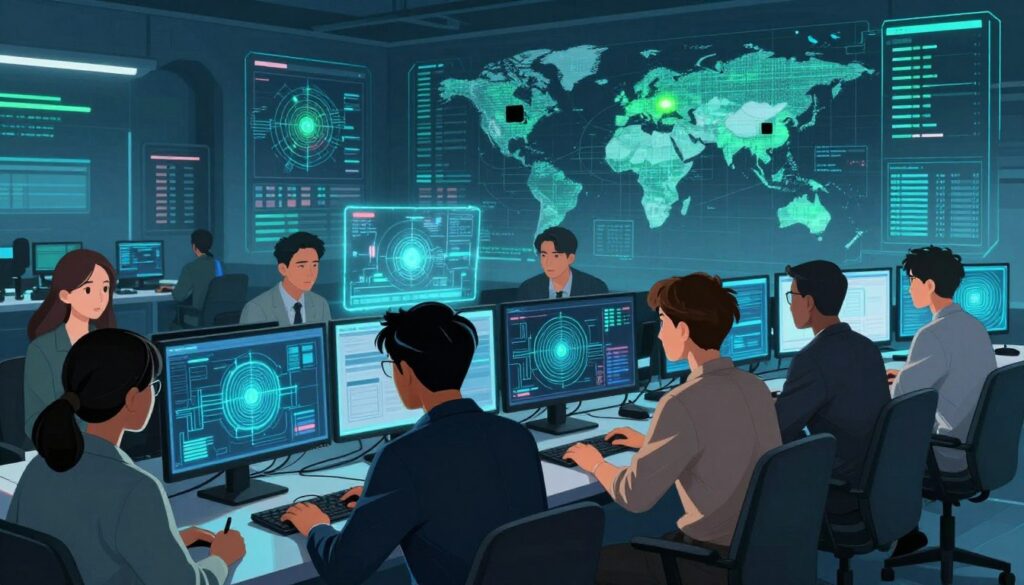A futuristic cyber surveillance room filled with high-tech computer screens displaying intricate machine learning algorithms and data analytics. In the foreground, a diverse group of professionals in smart casual attire, focused on the monitors, analyzing ransomware patterns and threats. The middle ground features holographic interfaces showcasing real-time data streams and predictive analytics related to cybersecurity. The background displays a digital world map highlighting recent ransomware attacks, illuminated by blue and green neon lights to enhance the technological feel. The atmosphere is tense but focused, conveying urgency and innovation in the field of AI-driven cybersecurity analysis. The lighting is cool and ambient, casting dynamic shadows and emphasizing the high-tech environment.