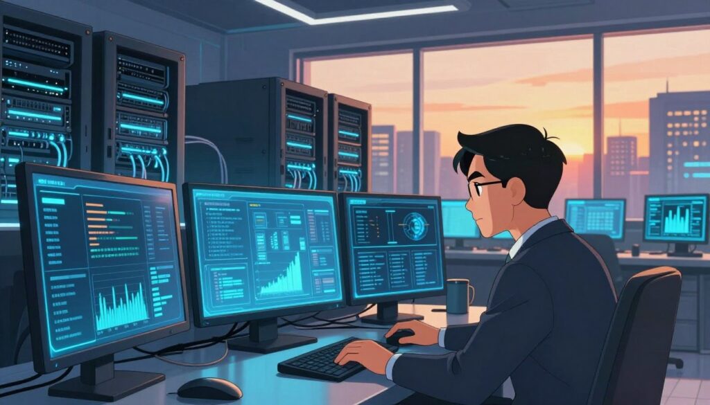 A futuristic cybersecurity operations center filled with large screens displaying telemetry data and AI analytics graphs. In the foreground, a focused data analyst, wearing professional business attire, is examining an intricate detection dashboard. The screens emit a soft blue light, illuminating his concentrated face, showcasing reflections of alerts and analytical outputs. In the middle, rows of servers hum softly, surrounded by a network of glowing data cables. The background features a panoramic window revealing a city skyline at dusk, with the last rays of sunlight casting a warm orange glow. The atmosphere conveys urgency and high-tech sophistication, emphasizing the critical role of AI in predictive detection of cyber threats.