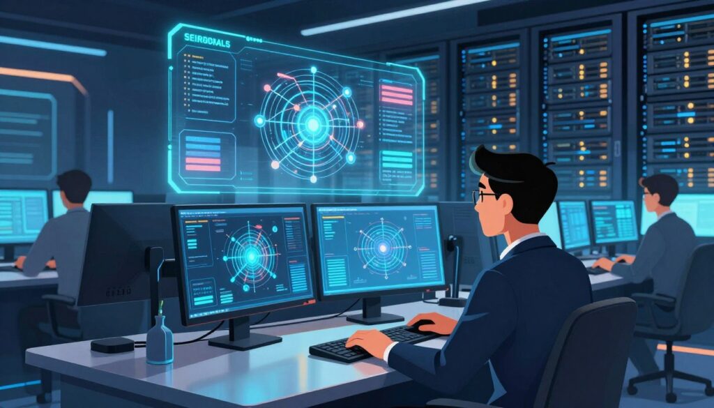 A futuristic digital landscape depicting core capabilities of security, focusing on firewall and intrusion detection systems. In the foreground, a sleek, modern workstation equipped with multiple high-resolution monitors displays vibrant data analytics and threat maps. A professional individual in business attire is intensely monitoring the screens, showing a sense of urgency and concentration. The middle ground features translucent digital interfaces with holographic elements illustrating network traffic and alerts in real-time. In the background, a darkened but illuminated server room is visible, with rows of blinking servers symbolizing a robust security architecture. The atmosphere is tense yet optimistic, with cool blue tones contrasting against warm accents from the screens, suggesting advanced technology at work. The overall composition should evoke a sense of commitment to cybersecurity innovation.