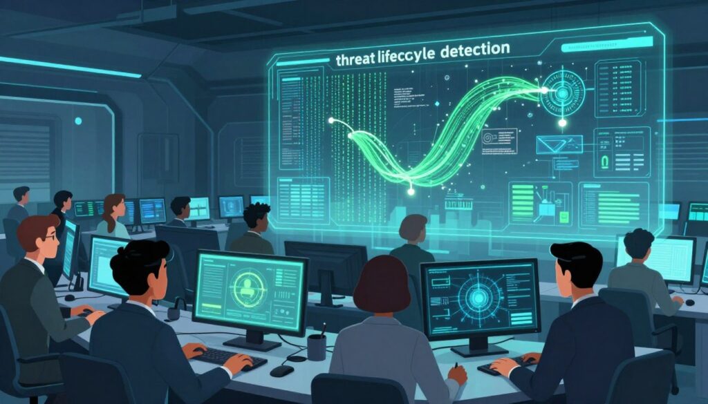 A futuristic digital landscape illustrating the concept of "threat lifecycle detection" in cybersecurity. In the foreground, display a group of diverse professionals in business attire, actively monitoring screens filled with dynamic data visualizations of threats and AI algorithms. In the middle ground, integrate holographic interfaces showcasing the detection process, with flowing streams of binary code and graphical representations of analyzed data points. The background features a high-tech command center environment, illuminated with cool blue and green lighting, creating a focused yet tense atmosphere. Utilize a wide-angle lens to capture depth and a slight tilt to convey urgency, with soft shadows enhancing the mood of vigilance and responsiveness. The overall scene should evoke a sense of proactive defense in the realm of cybersecurity.